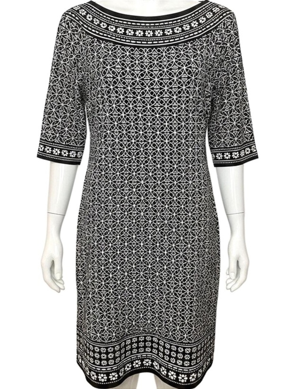 Max Studio Black&White Mod Geometric Midi Sheath Dress Elbow Sleeve Size Medium
